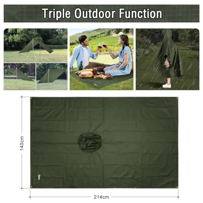 Azeekoom Poncho Impermeabile, Multifunzionale Stuoia Campeggio Coperta da Picnic con Sustodia per All'aperto Picnic Trekking Campeggio Pesca Caccia Escursione (Verde) miniatura 3