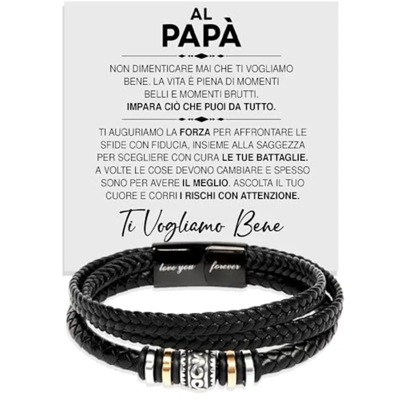 Azienda Italiana Bracciale Uomo in Pelle Intrecciata con Acciaio Inox inossidabile Al mio Papà Idee Regali per lui