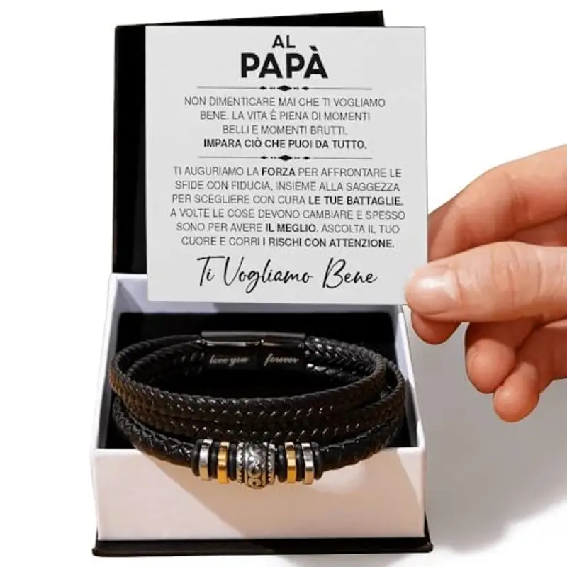 Azienda Italiana Bracciale Uomo in Pelle Intrecciata con Acciaio Inox inossidabile Al mio Papà Idee Regali per lui miniatura 2
