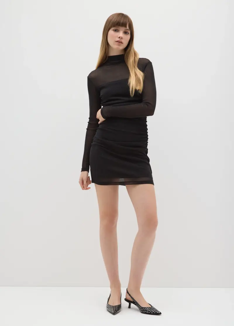 Abito Nero Elasticizzato Con Collo Alto Vestibilità Fitted, Donna, Nero