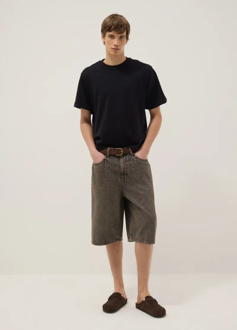 Bermuda In Puro Cotone Denim Marrone Slim Fit, Uomo, Marrone