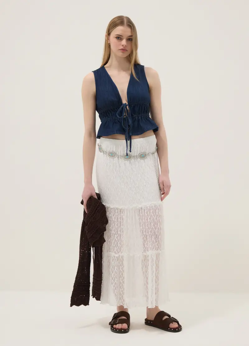 Blusa Denim Blu Senza Maniche In Puro Cotone Slim Fit Con Laccetti, Donna, Denim miniatura 2