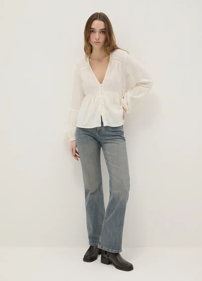 Blusa In Puro Cotone Bianca A Righe Regular Fit, Donna, Bianco miniatura 2