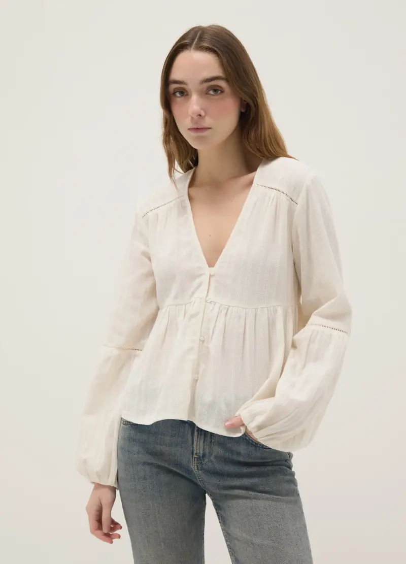 Blusa In Puro Cotone Bianca A Righe Regular Fit, Donna, Bianco miniatura 3