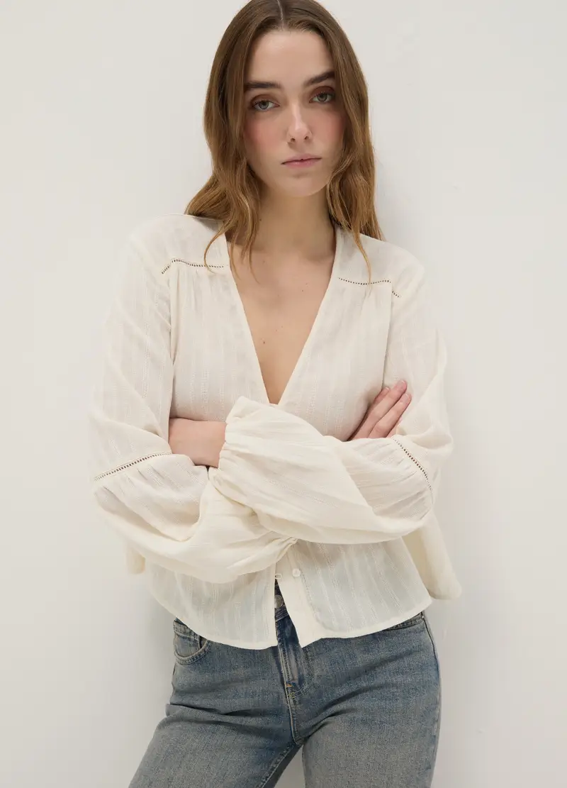 Blusa In Puro Cotone Bianca A Righe Regular Fit, Donna, Bianco