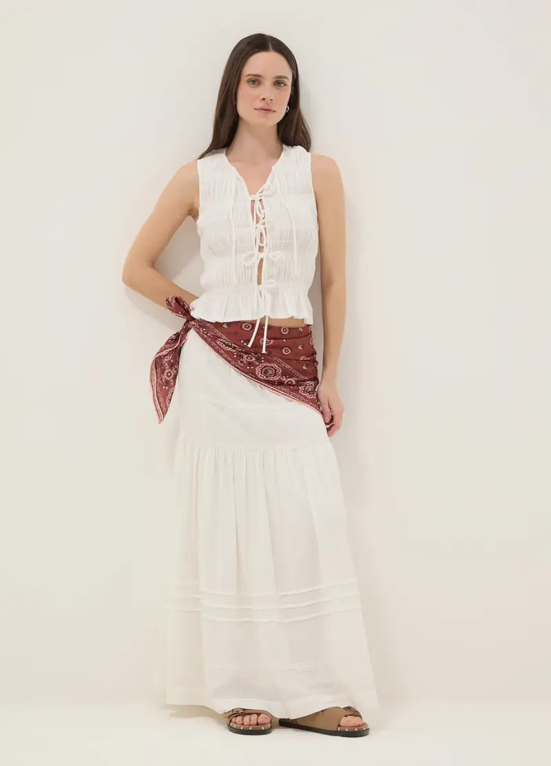 Blusa In Puro Cotone Bianca Regular Fit Con Chiusura A Fiocchi, Donna, Bianco miniatura 2