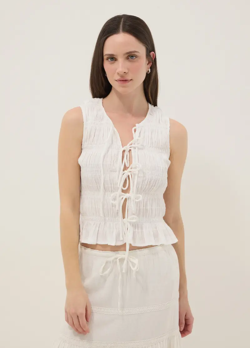 Blusa In Puro Cotone Bianca Regular Fit Con Chiusura A Fiocchi, Donna, Bianco miniatura 3