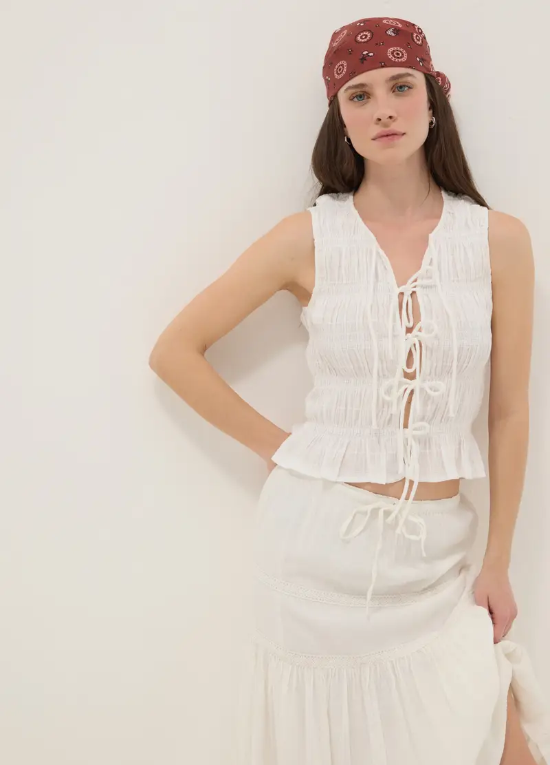 Blusa In Puro Cotone Bianca Regular Fit Con Chiusura A Fiocchi, Donna, Bianco