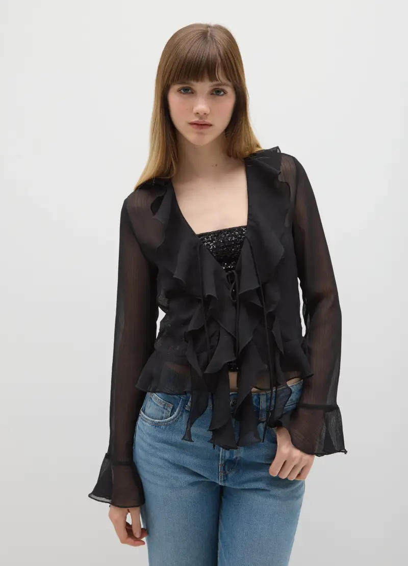 Blusa Nero Regular Fit Con Volant, Donna, Nero miniatura 2