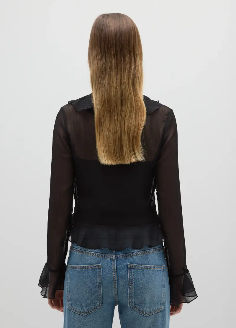 Blusa Nero Regular Fit Con Volant, Donna, Nero miniatura 3