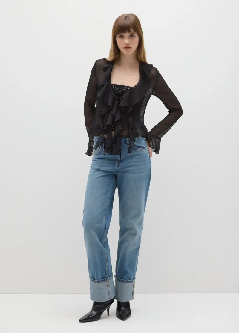 Blusa Nero Regular Fit Con Volant, Donna, Nero