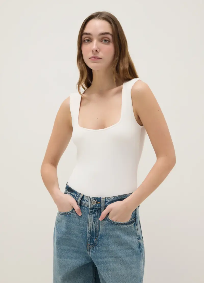 Body Fitted Bianco Con Scollo Quadrato, Donna, Bianco