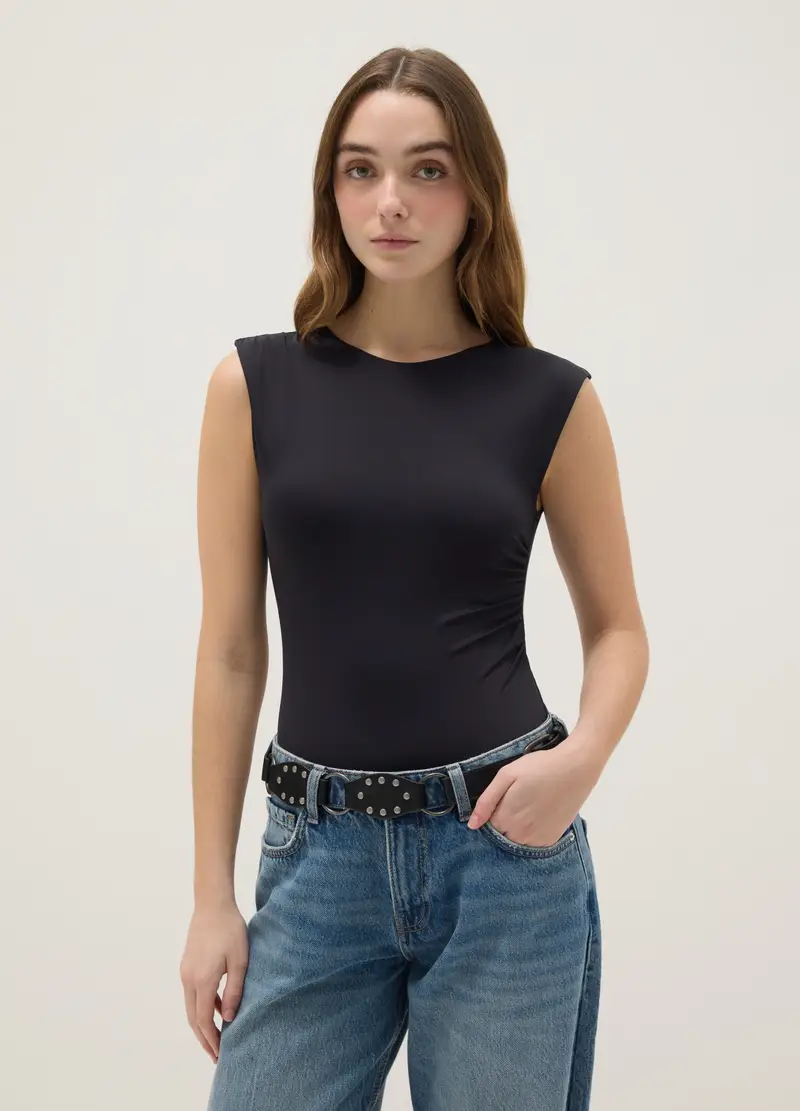 Body In Tessuto Elasticizzato Nero Regular Fit, Donna, Nero miniatura 2