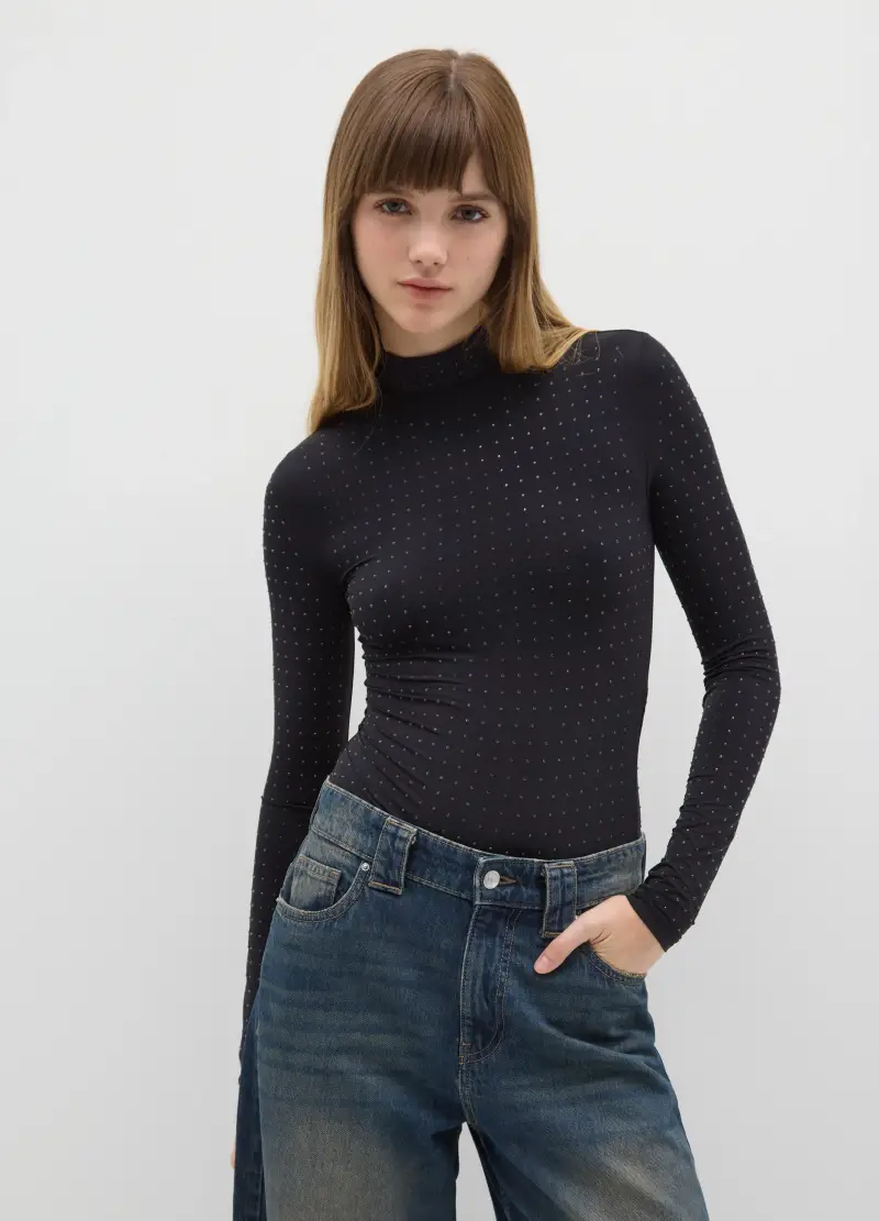 Body Nero Con Collo Alto E Glitter, Donna, Nero