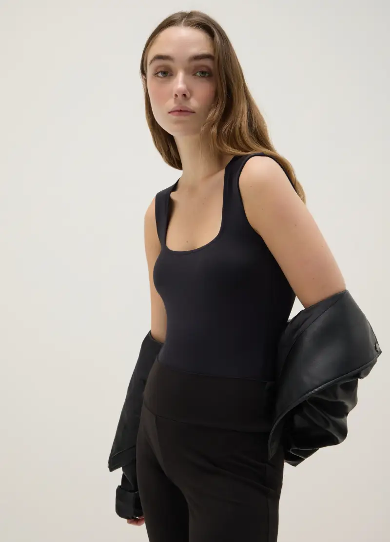 Body Nero Slim Fit Con Scollo Quadrato, Donna, Nero