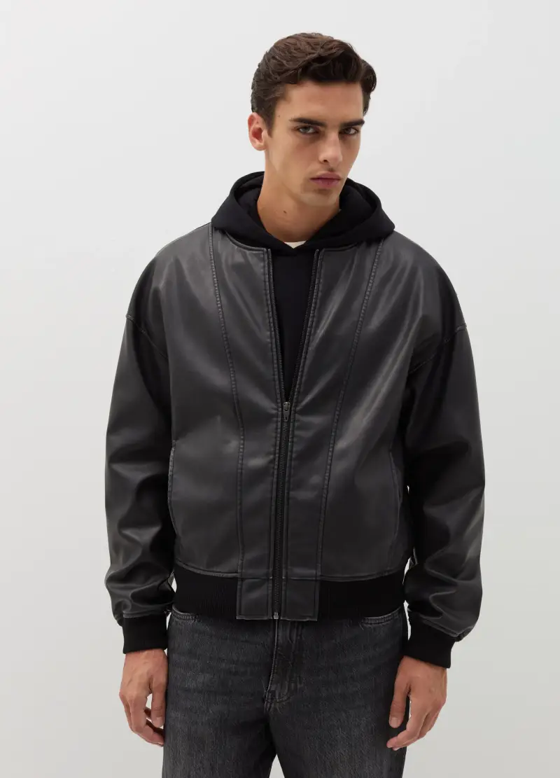 Bomber Biker Effetto Lucido, Uomo, Nero miniatura 2