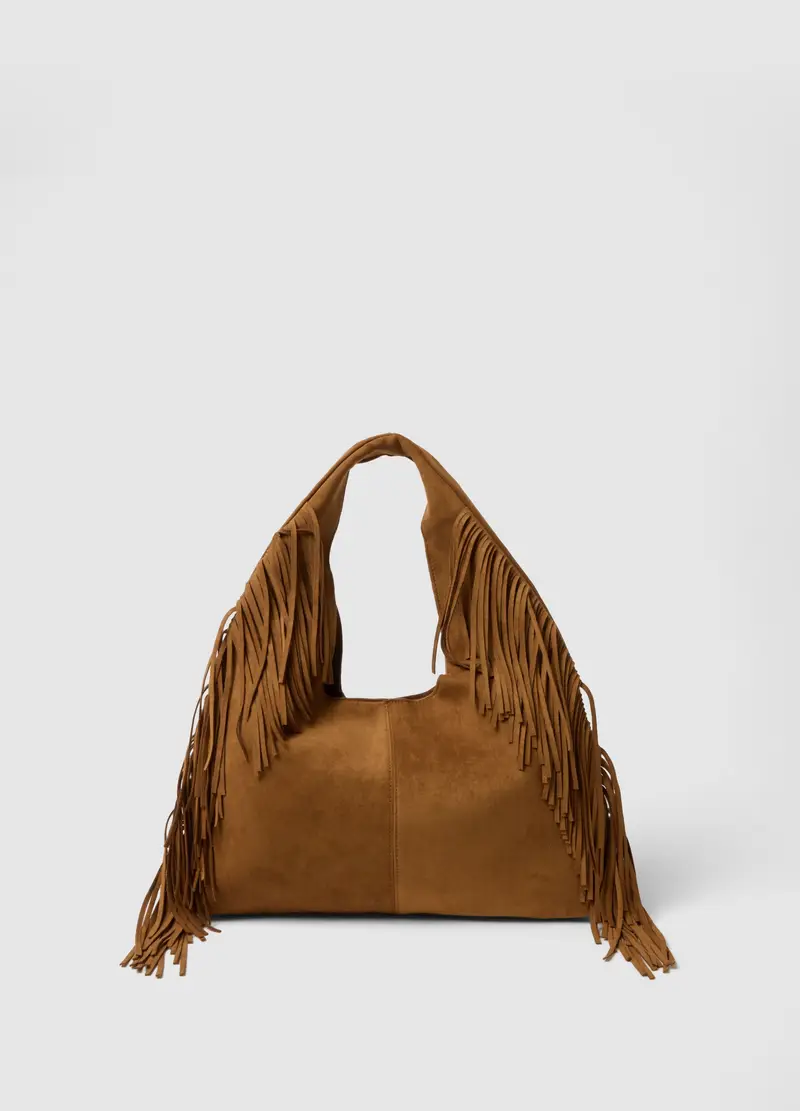 Borsa Handbag Con Frange Marrone Effetto Camoscio, Donna, Marrone miniatura 2