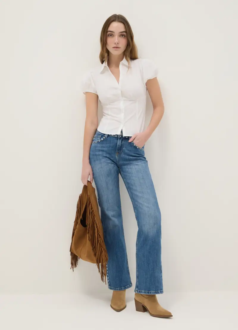 Camicia A Maniche Corte In Cotone Elasticizzato Bianca Regular Fit, Donna, Bianco miniatura 2