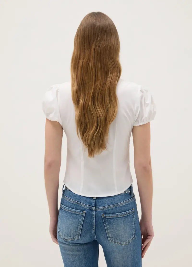 Camicia A Maniche Corte In Cotone Elasticizzato Bianca Regular Fit, Donna, Bianco miniatura 3