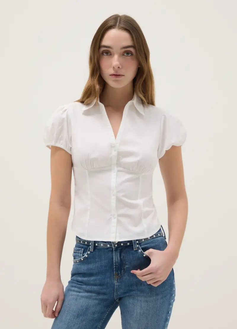 Camicia A Maniche Corte In Cotone Elasticizzato Bianca Regular Fit, Donna, Bianco