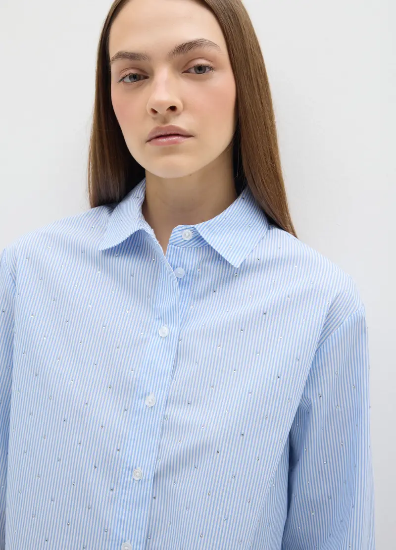Camicia A Righe Multicolor In Puro Cotone Regular Fit Con Strass, Donna, Multicolor