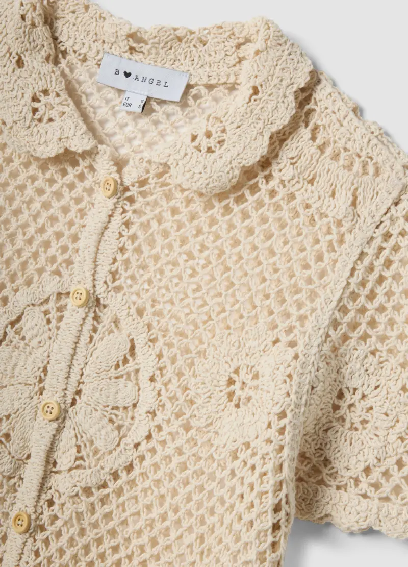 Camicia In Misto Cotone Beige Regular Fit Con Lavorazione A Maglia, Donna, Beige miniatura 2