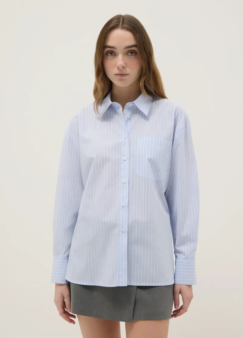 Camicia In Puro Cotone A Righe Azzurra Regular Fit, Donna, Azzurro miniatura 3