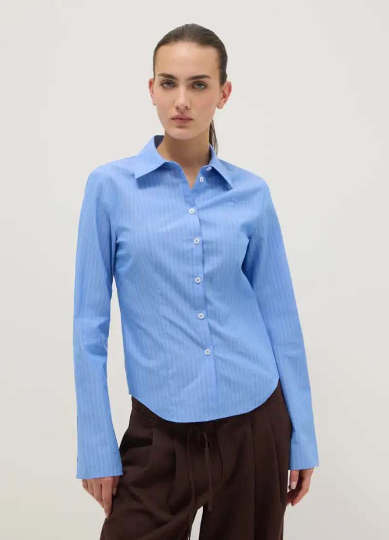 Camicia In Puro Cotone Azzurra A Righe Slim Fit, Donna, Azzurro miniatura 3