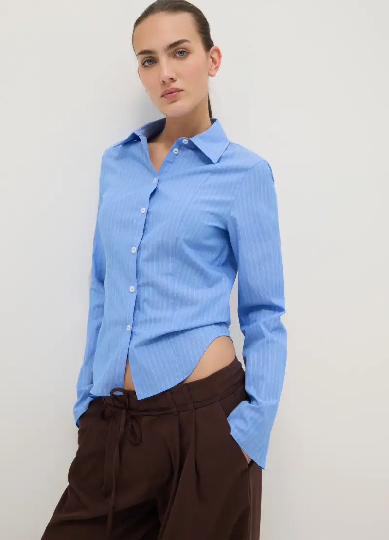 Camicia In Puro Cotone Azzurra A Righe Slim Fit, Donna, Azzurro