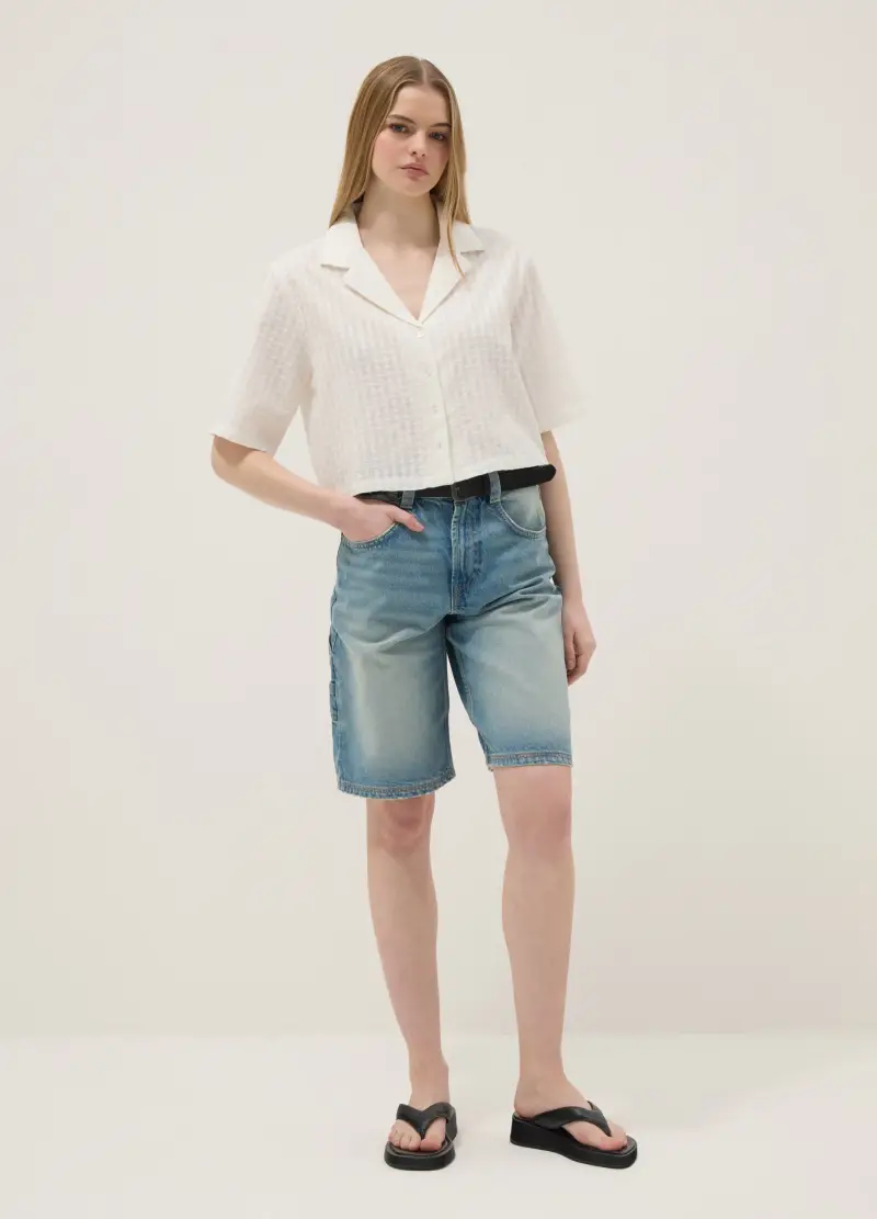 Camicia In Puro Cotone Bianco Regular Fit Con Texture A Quadri, Donna, Bianco miniatura 2