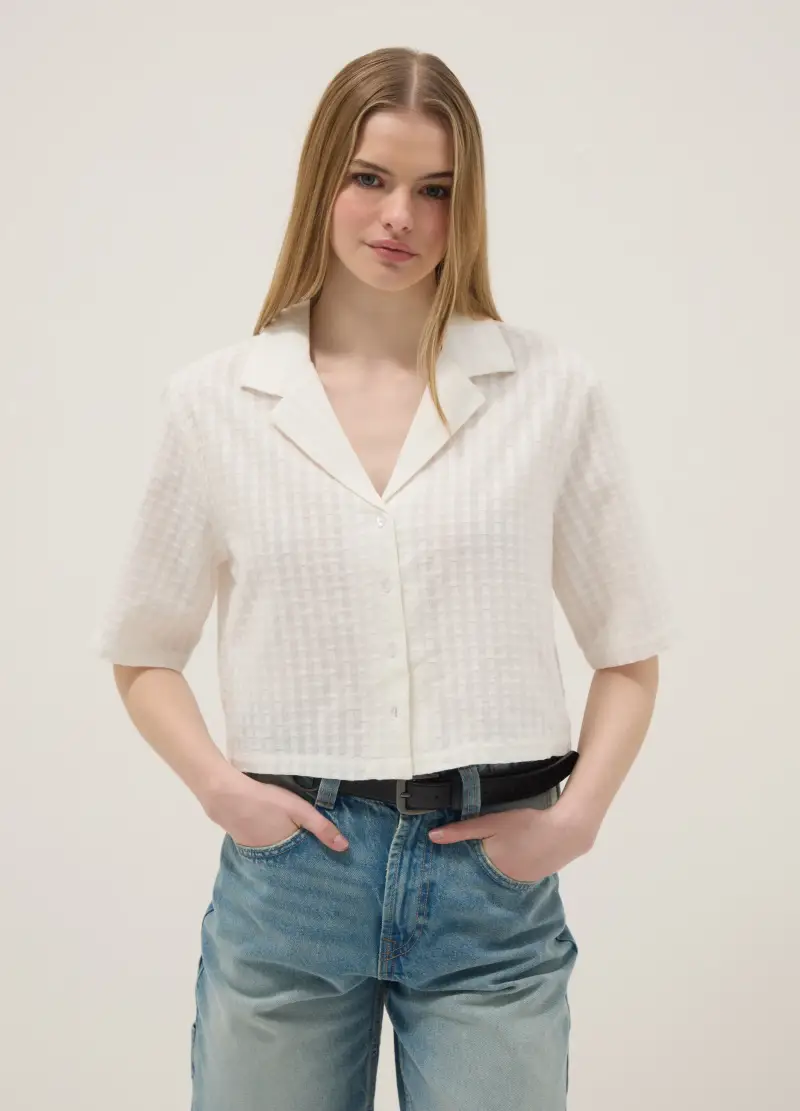 Camicia In Puro Cotone Bianco Regular Fit Con Texture A Quadri, Donna, Bianco miniatura 3