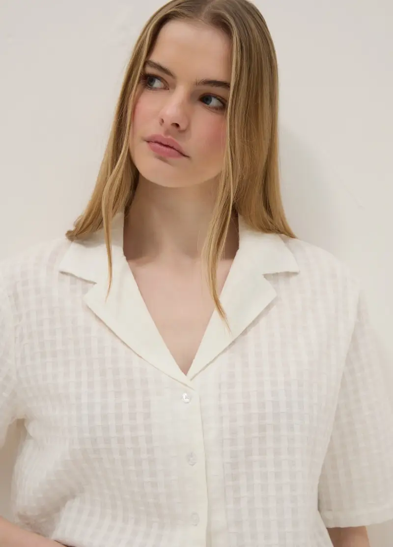 Camicia In Puro Cotone Bianco Regular Fit Con Texture A Quadri, Donna, Bianco