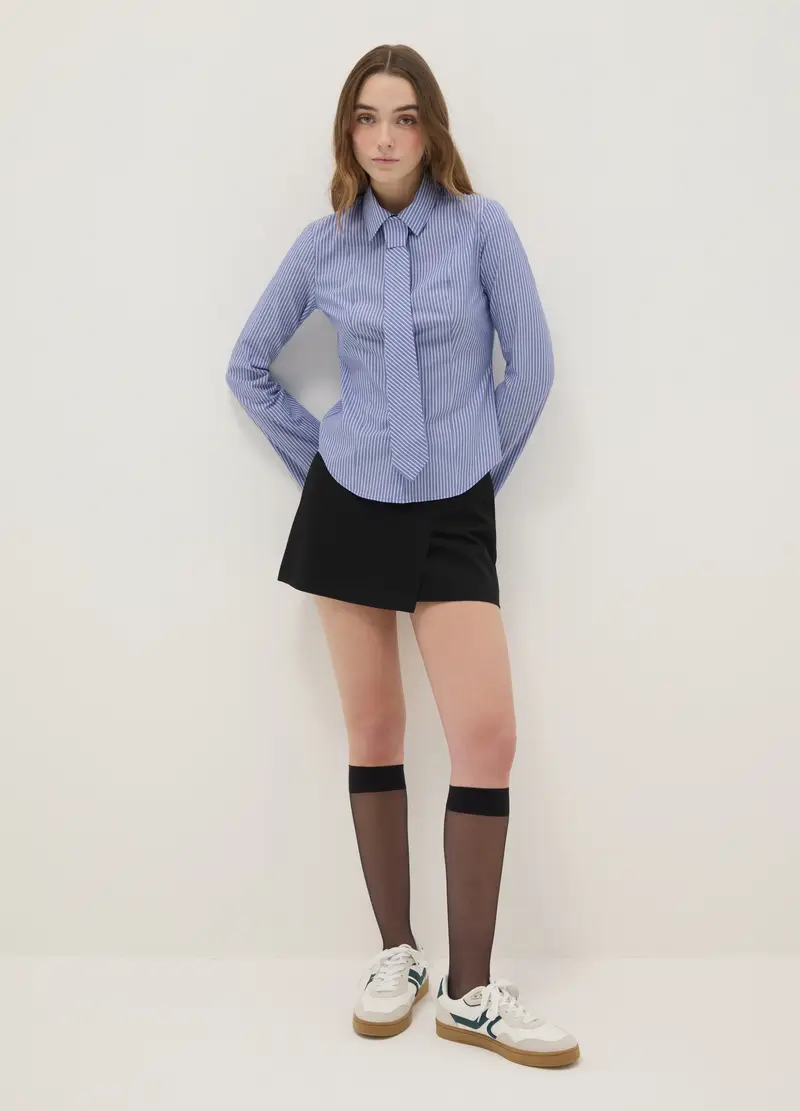 Camicia In Puro Cotone Blu A Righe Slim Fit, Donna, Blu miniatura 2