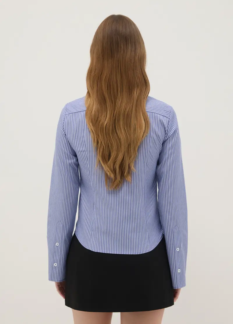 Camicia In Puro Cotone Blu A Righe Slim Fit, Donna, Blu miniatura 3