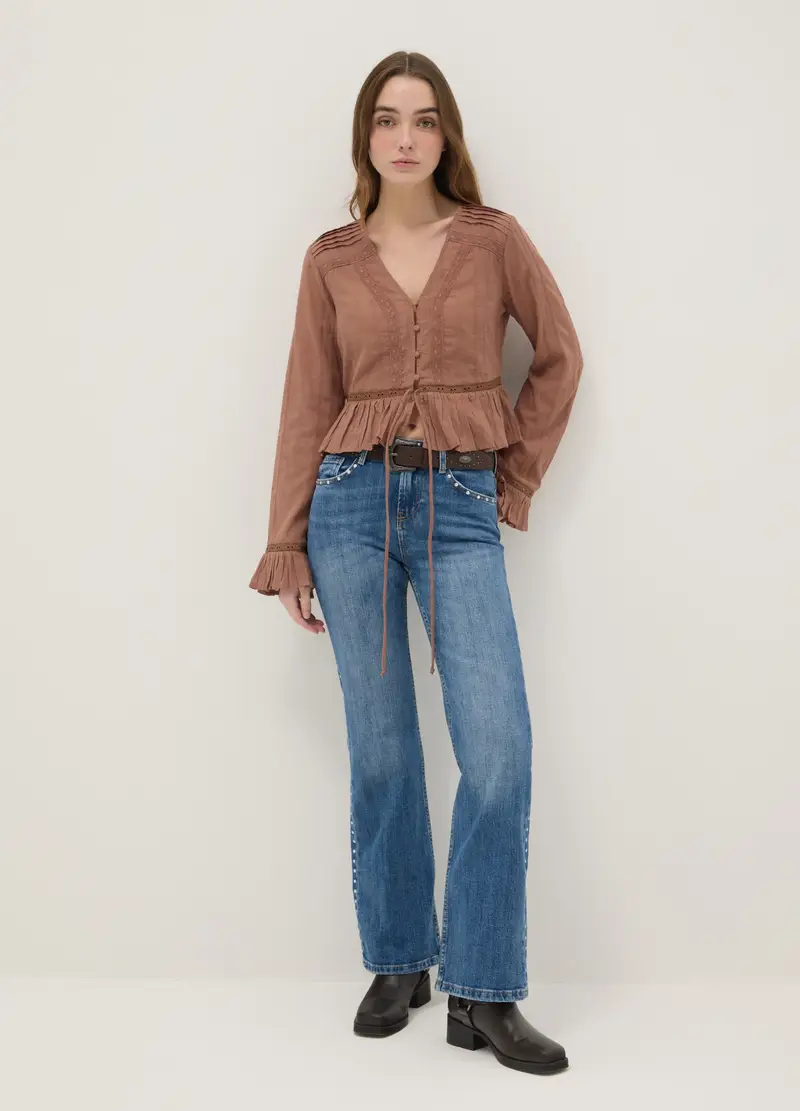 Camicia In Puro Cotone Marrone Regular Fit Con Volant, Donna, Marrone miniatura 2