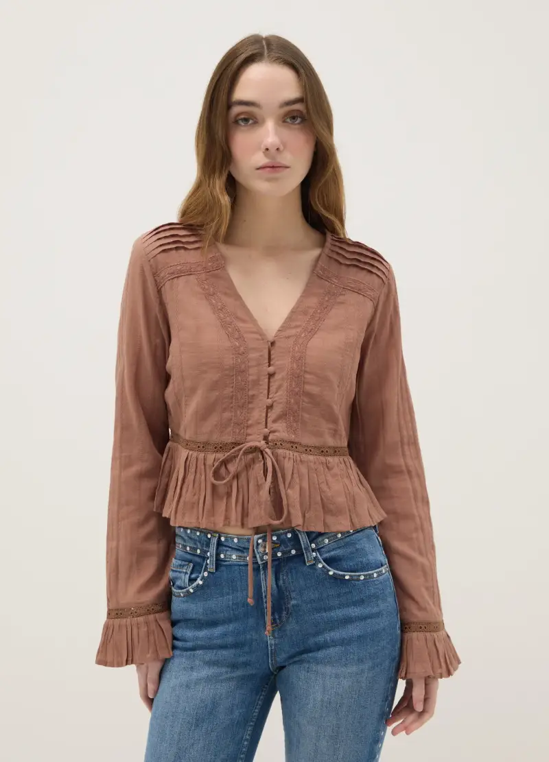 Camicia In Puro Cotone Marrone Regular Fit Con Volant, Donna, Marrone miniatura 3