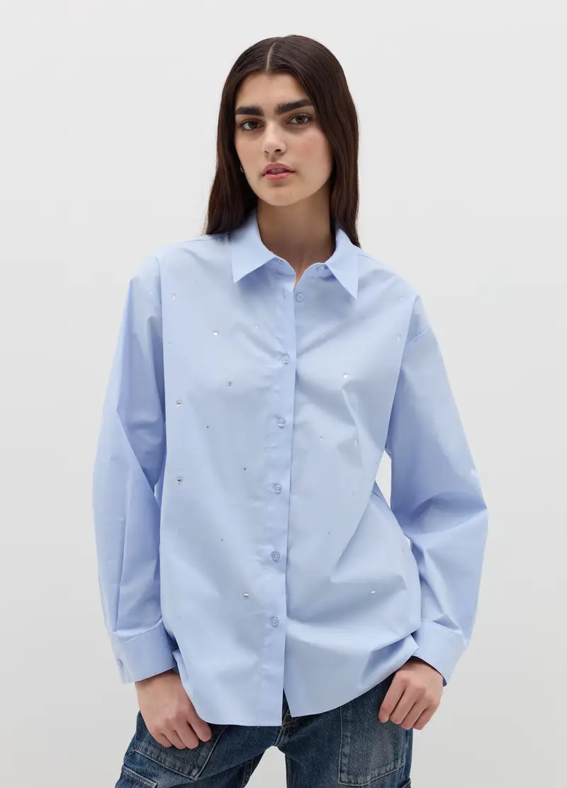 , Camicia Over In Cotone Stretch, Donna, Blu miniatura 2