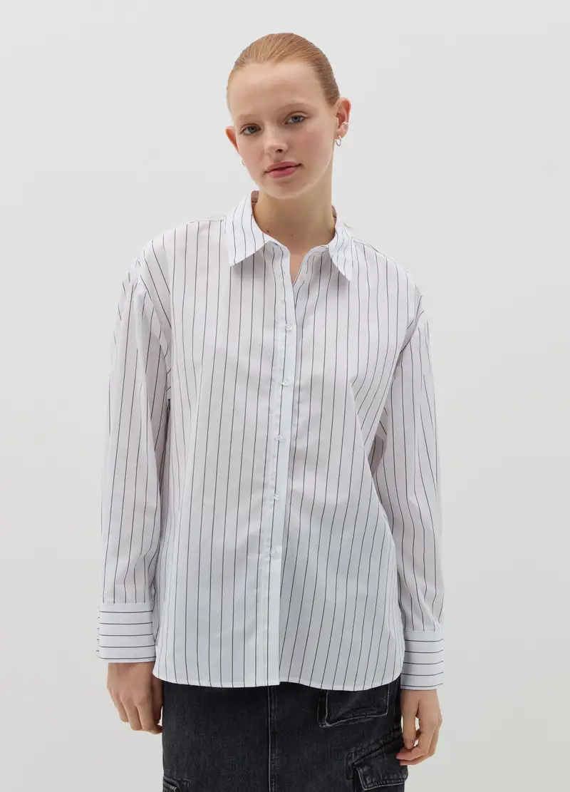 Camicia Over In Popeline A Righe Sottili, Donna, Bianco miniatura 2