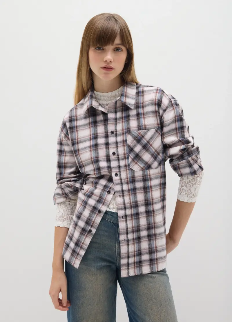 Camicia Rosa In Flanella A Quadri, Donna, Beige miniatura 2