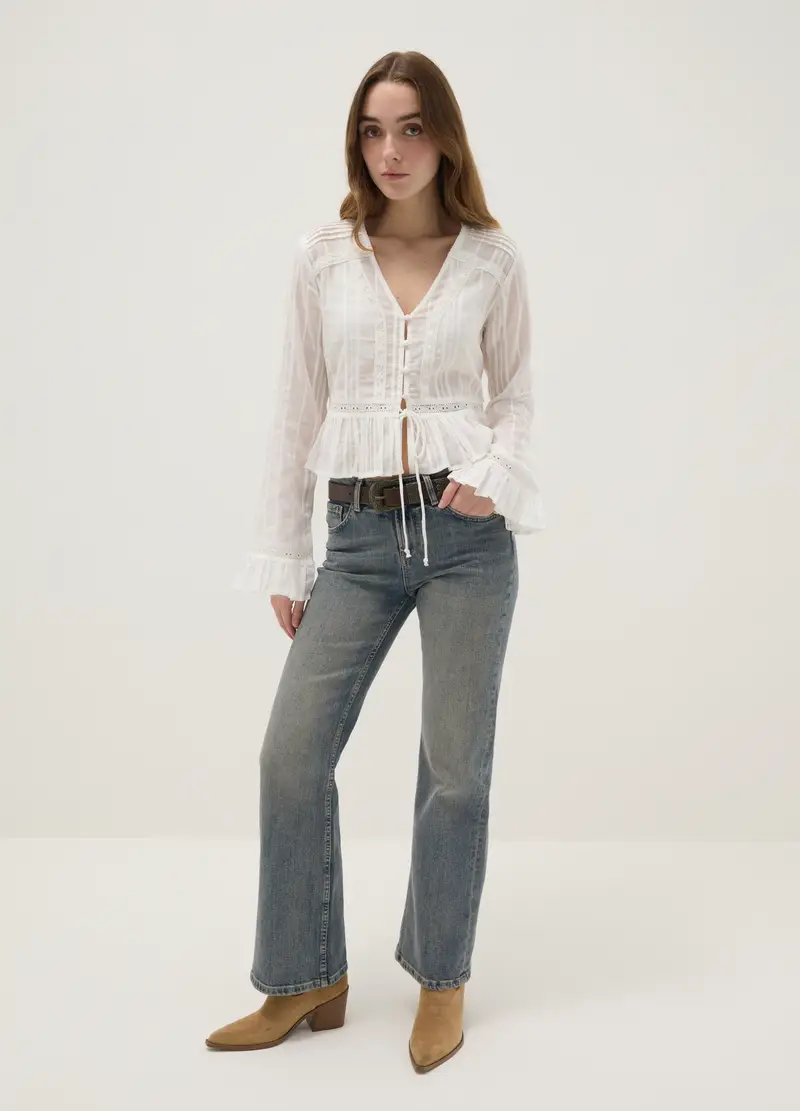 Camicia Trasparente In Puro Cotone Bianco Regular Fit Con Volant, Donna, Bianco miniatura 2