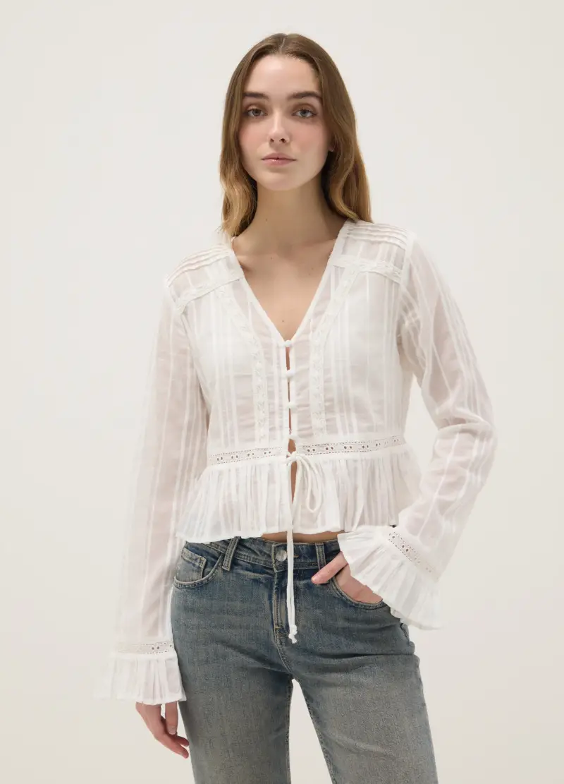 Camicia Trasparente In Puro Cotone Bianco Regular Fit Con Volant, Donna, Bianco miniatura 3