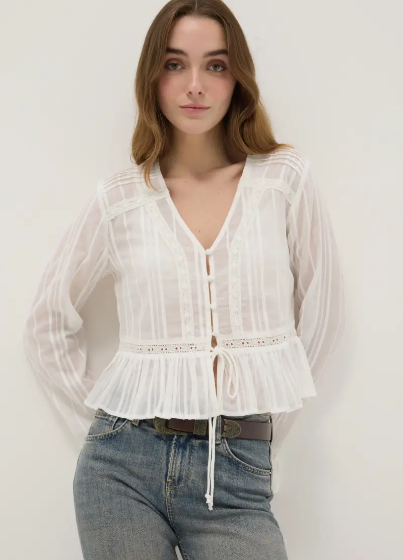 Camicia Trasparente In Puro Cotone Bianco Regular Fit Con Volant, Donna, Bianco