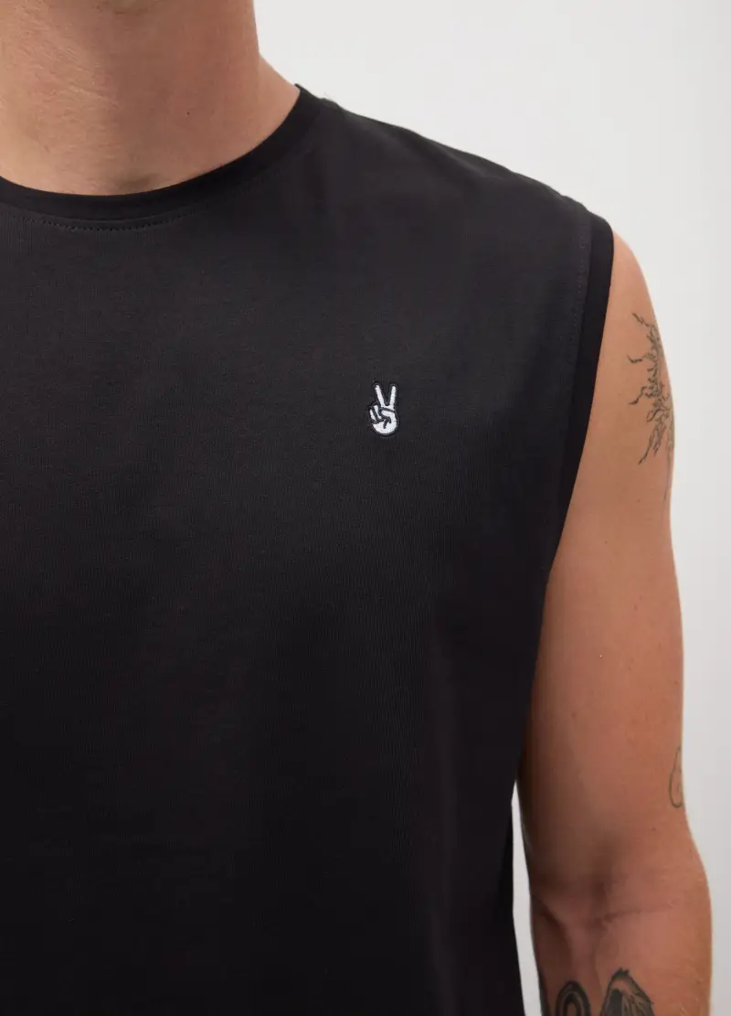 Canotta Da Uomo In Puro Cotone Nero Regular Fit Con Ricamo, Nero miniatura 3