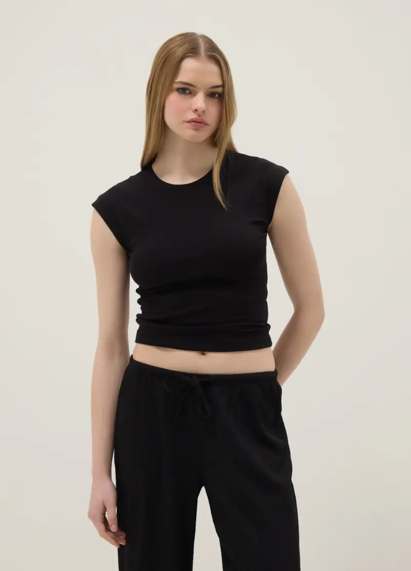 Canotta Fitted In Cotone Elasticizzato Nera, Donna, Nero