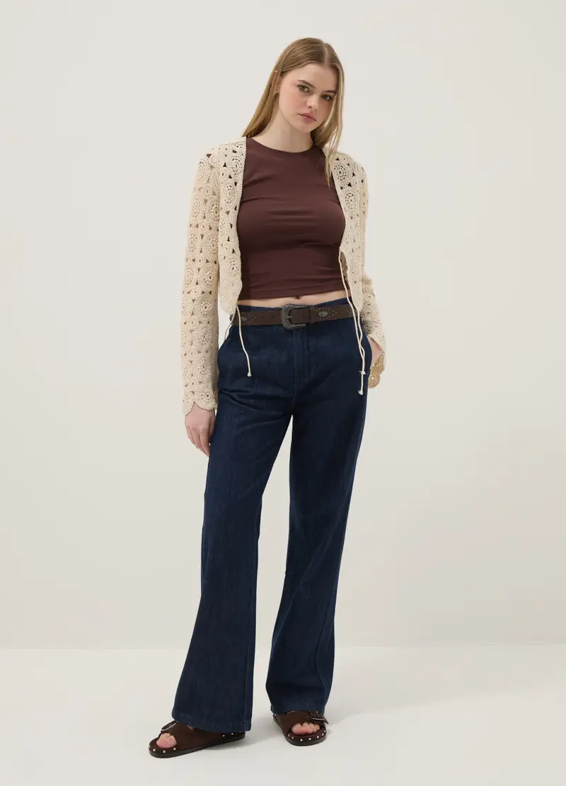 Cardigan In Misto Cotone Beige Regular Fit Con Design Traforato, Donna, Beige miniatura 2