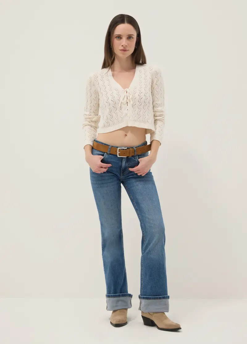 Cardigan In Puro Cotone Beige Regular Fit Con Design Traforato, Donna, Beige miniatura 3