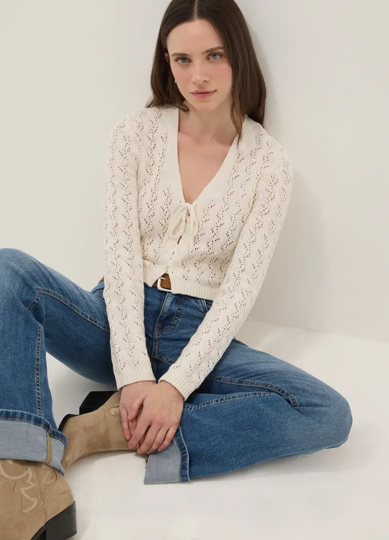 Cardigan In Puro Cotone Beige Regular Fit Con Design Traforato, Donna, Beige