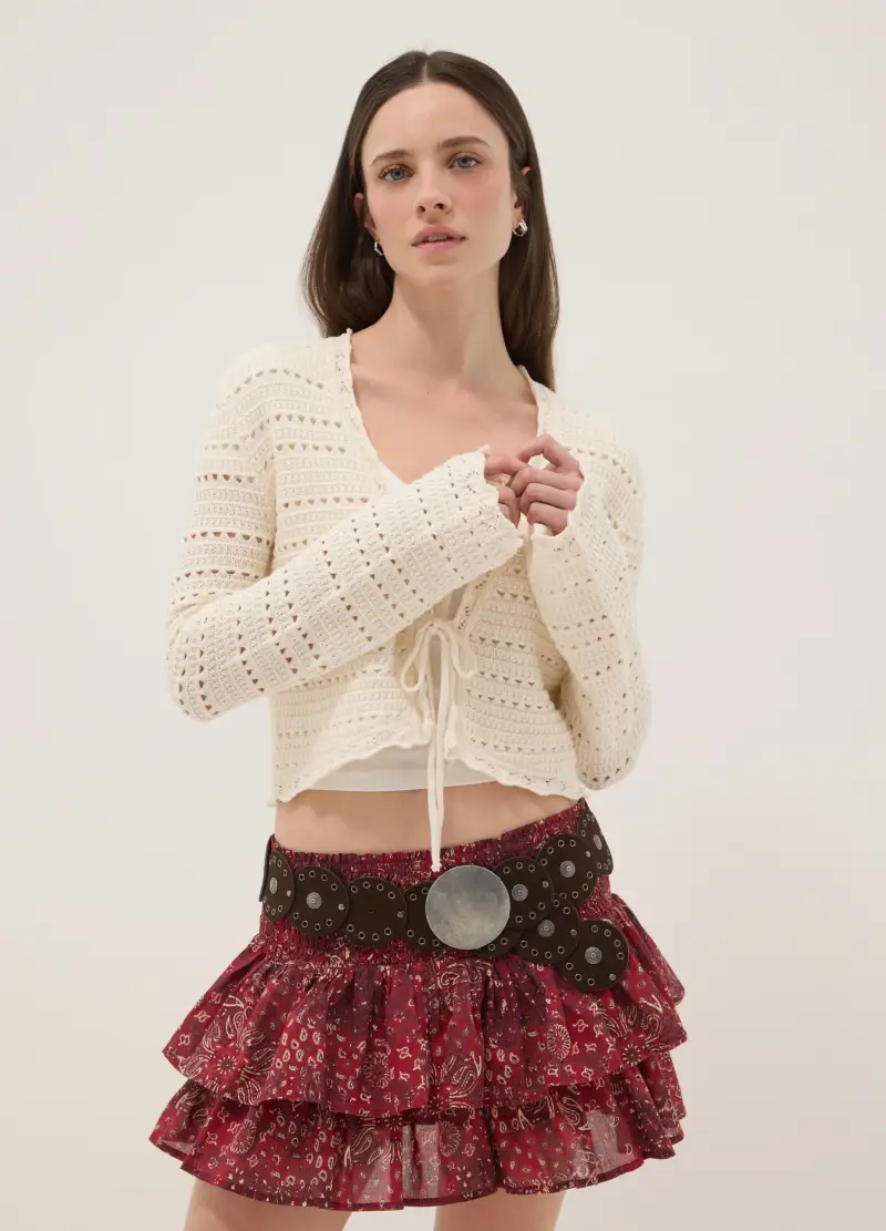 Cardigan In Puro Cotone Bianco Regular Fit Con Design Traforato, Donna, Bianco