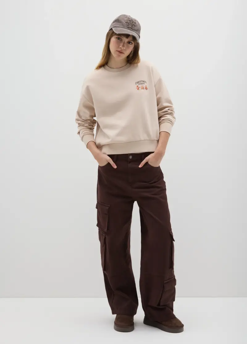 Felpa Beige In Misto Cotone Regular Fit Con Stampa Natalizia, Donna, Beige