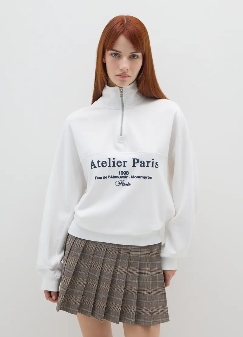 Felpa Bianca Con Mezza Zip, Donna, Bianco miniatura 2